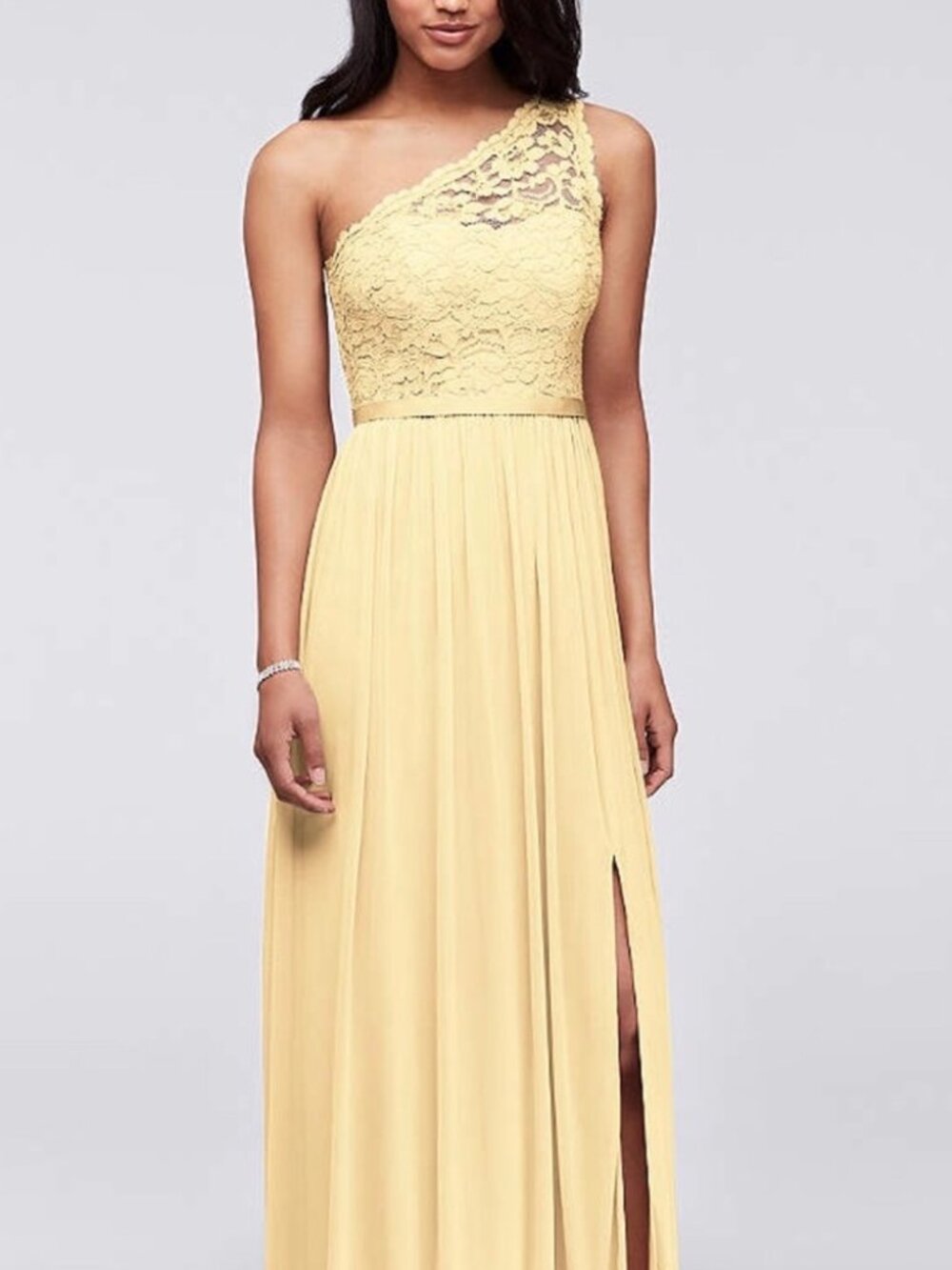 David's Bridal One Shoulder Long Lace Dress - YELLOW